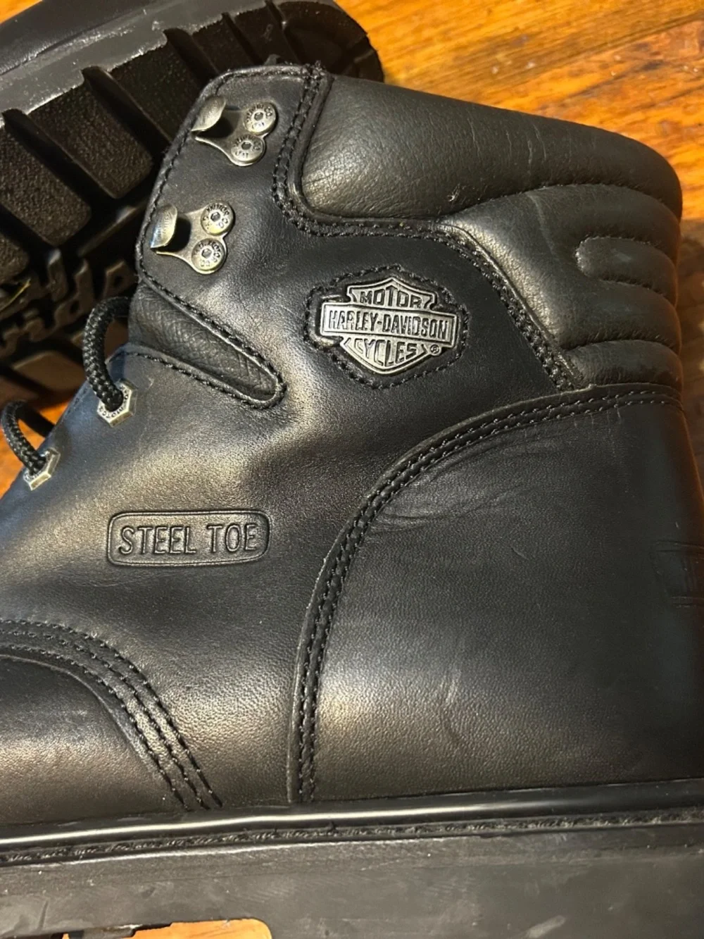Black Harley Davidson Motor Cycle Lace Up Steel Toe Boots